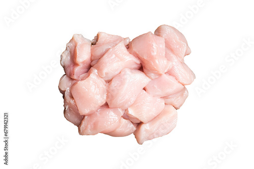 Diced raw chicken meat, uncooked poultry fillets. Transparent background. Isolated.