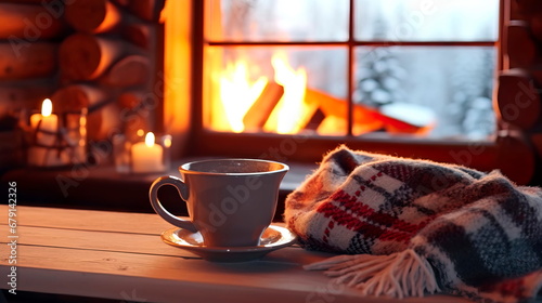 An inviting holiday background set in a cozy cabin with a warm fireplace, snow outside, and a cup of hot cocoa.