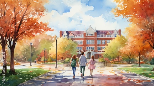 Watercolor drawing of children going to school, with bright autumn trees and a school building in the background photo