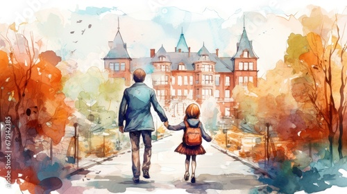 Watercolor painting of parent and child walking to school on crisp autumn day photo