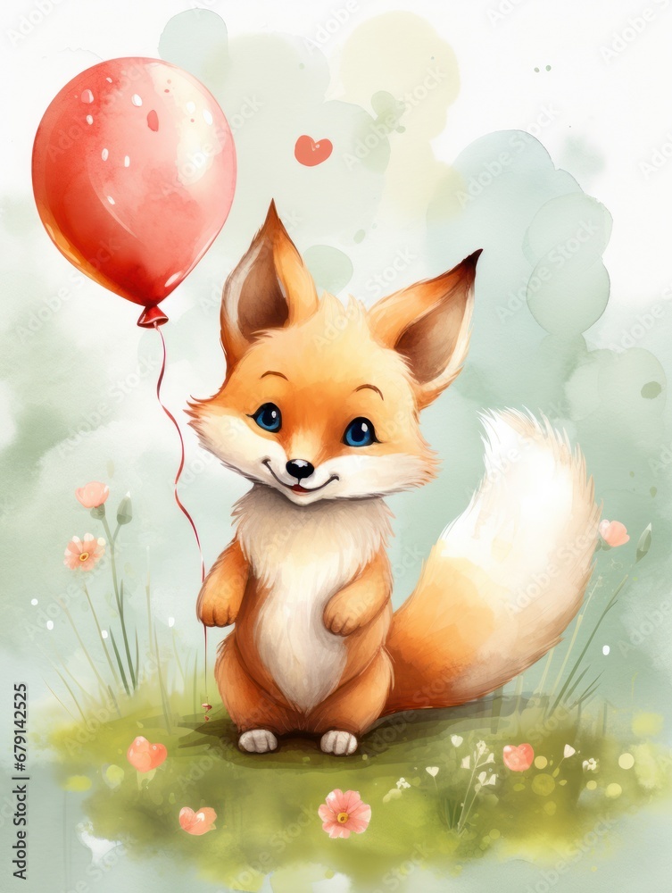 Fototapeta premium A cheerful watercolor cute fox in the forest with a red balloon is a fun piece of art for cards and invitations.