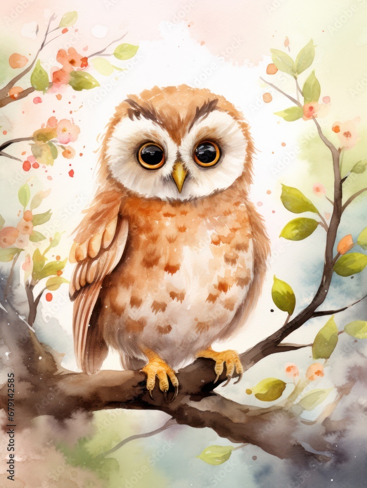 Fototapeta premium Watercolor owl sitting on a tree branch