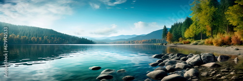 Calm and reflective lakeshores with serene waters and scenic beauty. photo