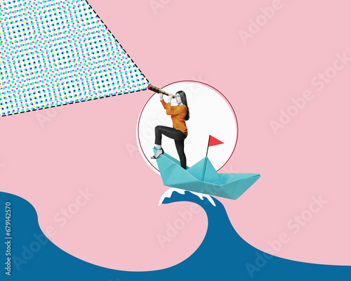 Art collage. Leadership - lead to success, look for strategy to win business concept, businesswoman with a telescope looks up on the ship in storm.