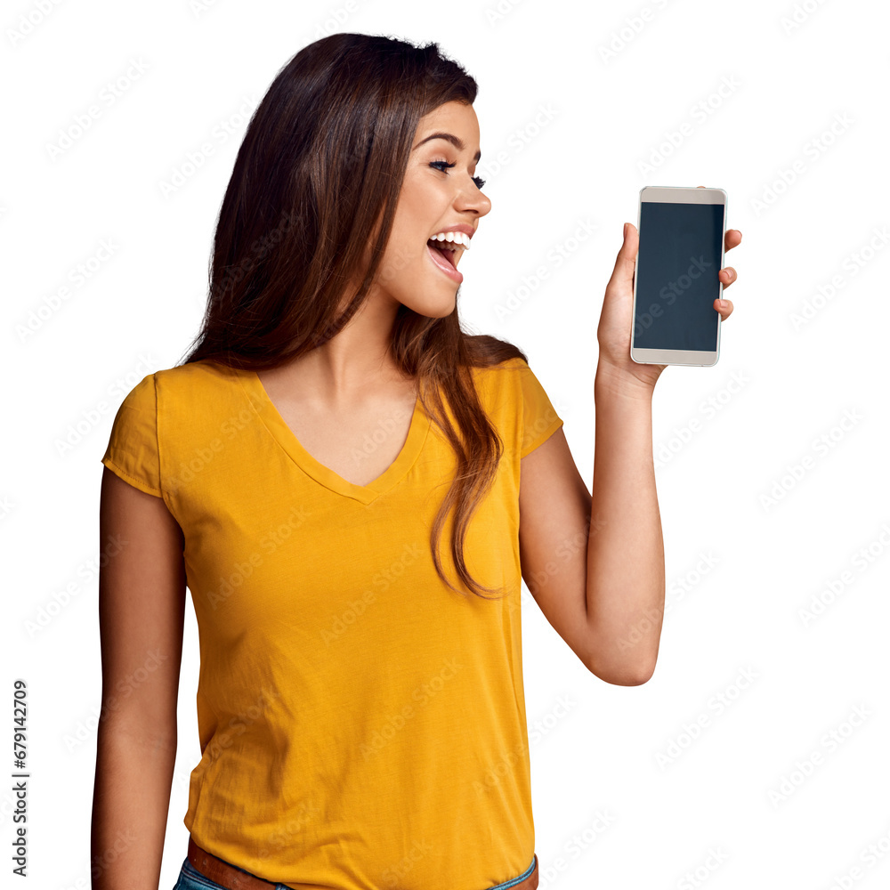 Excited, woman and screen of phone with space, advertising offer and review about us isolated on transparent png background. Mobile newsletter, sales announcement or promotion coming soon mockup Excited, woman and screen of phone with space, advertising offer and review about us isolated on transparent png background. Mobile newsletter, sales announcement or promotion coming soon mockup