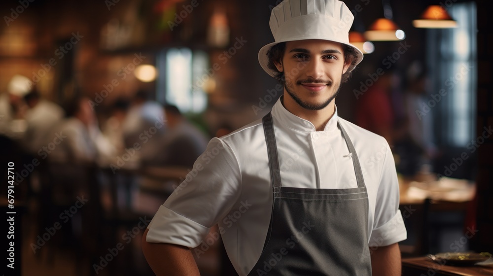 Cook in white shirt, apron, and cap smiling at camera. Concept restaurants and delicious food.