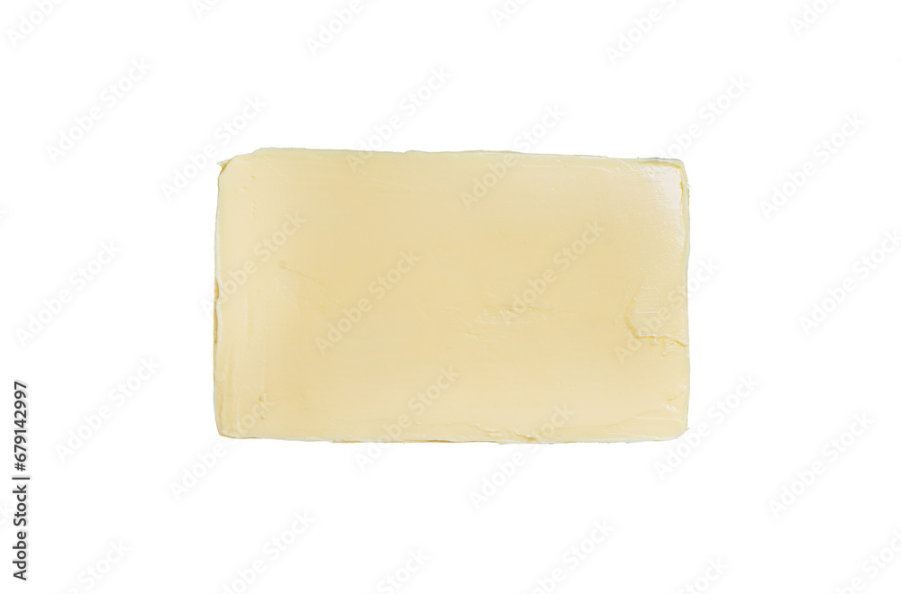 Butter block in steel kitchen tray.  Transparent background. Isolated.