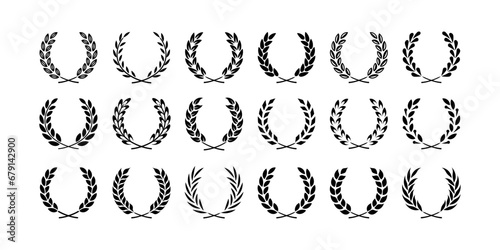 Laurel wreath. Winner award, olive leaves branch. Foliate award wreath for cinema festival, victory symbol, insignia emblem. Champion prize vector set