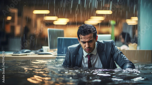 A despondent businessman submerged in a deluge within his workplace, drowning under the water, flood affects the corporate office, the weight of excessive workload, financial anxieties photo