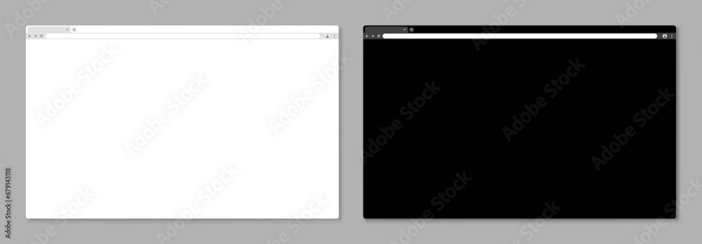 Browser mockups. Blank website window for desktop computer with tab, toolbar and search field. Empty internet latest browser template, light and dark mode page vector set - obrazy, fototapety, plakaty 