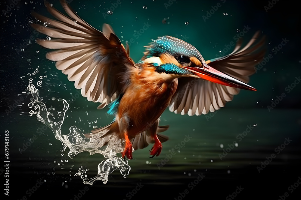 Female kingfisher emerging from the water. Female kingfisher emerging from the water.