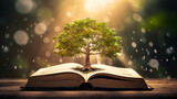 Knowledge and wisdom concept tree growing up on book