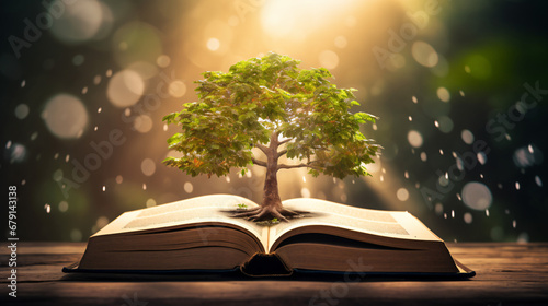 Knowledge and wisdom concept tree growing up on book photo