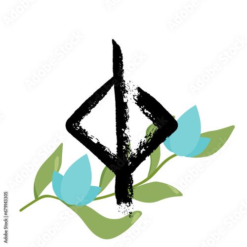 Jera Rune. Hand Drawn Wax Chalk Texture, Mystical, Esoteric, Occult, Magic Glyphs with Floral, Flower

