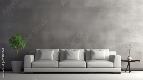 Modern gray sofa in the attic room. Minimal living room. generative ai © Witri