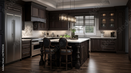 Kitchen with dark wood cabinetry. Interior of stylish kitchen with gray walls. generative ai