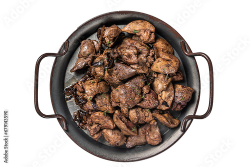 Fried chicken liver with onions and herbs. Transparent background. Isolated.