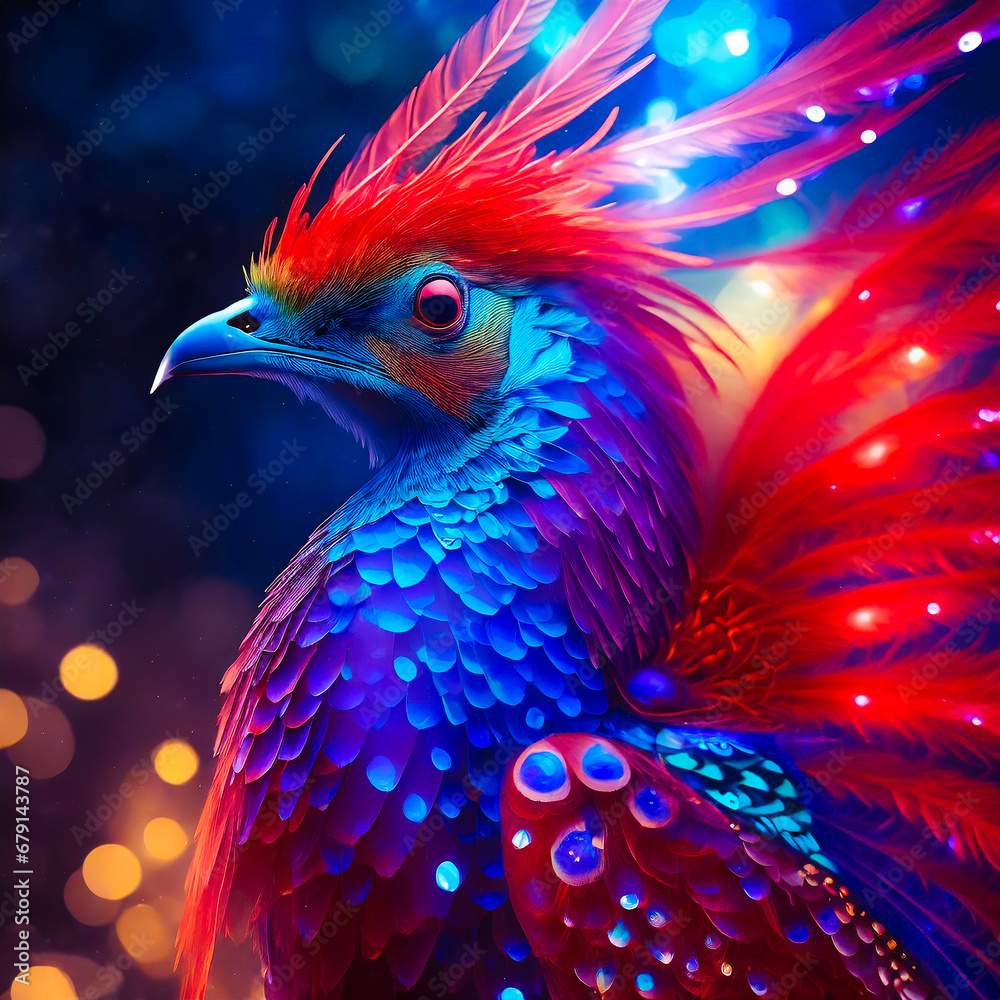 Close-up of mystic bird, like a phoenix, red and blue colors digital. Ai generated