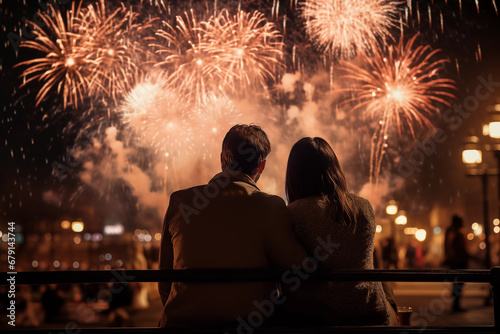 Couple watching fireworks over the city new year