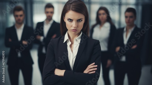 Serious young woman business leader in suit commands respect, surrounded by team.