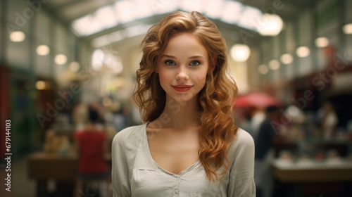 Mesmerizing portrait of girl with long blond hair in shopping mall, mysterious smile.