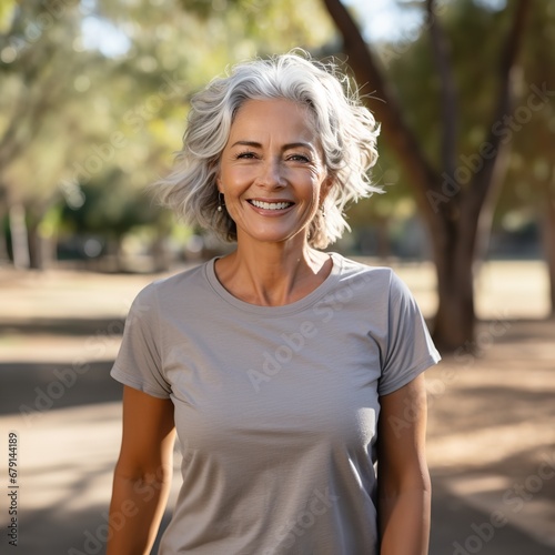 The older Caucasian woman at the park with gray hair. Generative Ai.