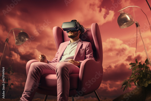 A man sitting on an armchair wearing a virtual reality headset