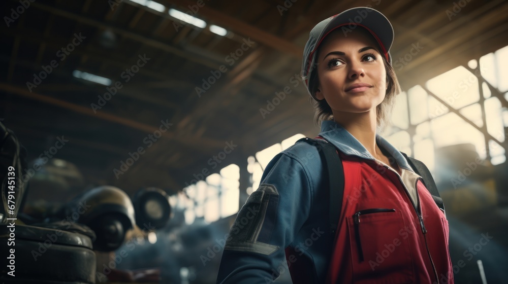 Portrait of a girl in a baseball cap in work clothes, smiling, looking away Portrait of a girl in a baseball cap in work clothes, smiling, looking away