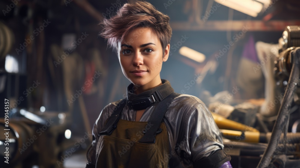 A portrait of a young smiling girl with a short hairstyle in a jumpsuit is in the workshop A portrait of a young smiling girl with a short hairstyle in a jumpsuit is in the workshop