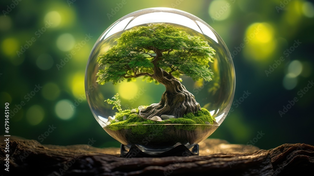 A beautiful bonsai tree inside a glass sphere stands illuminated by a beam of light