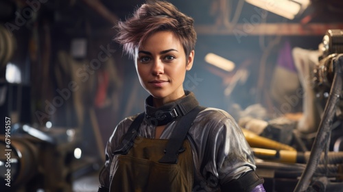 A portrait of a young smiling girl with a short hairstyle in a jumpsuit is in the workshop