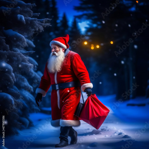 Santa Claus wading through snowdrifts with a sack of presents at night, it's snowing.