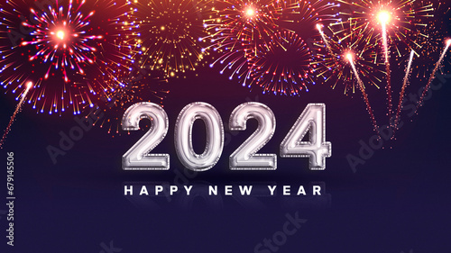 Happy new year banner in new elegant style with foil balloon text effects and celebration sparkles on sky