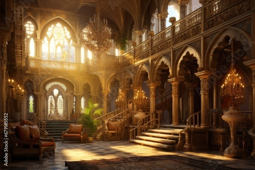 A realistic fantasy interior of the palace illustration. Ai generative.