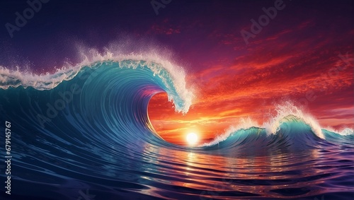 a wave breaking on the beach at sunset © NUTTAWAT