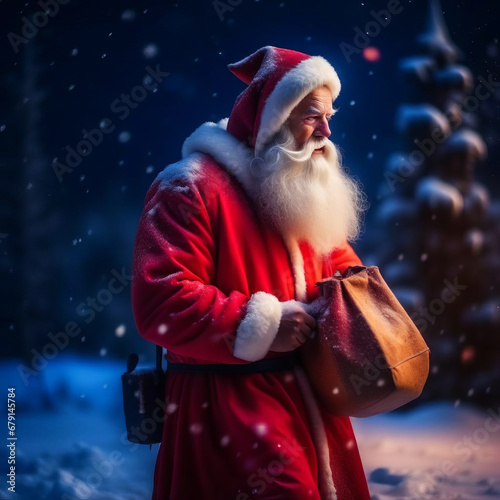 Santa Claus trudges through snowdrifts with a sack of presents at night, it's snowing