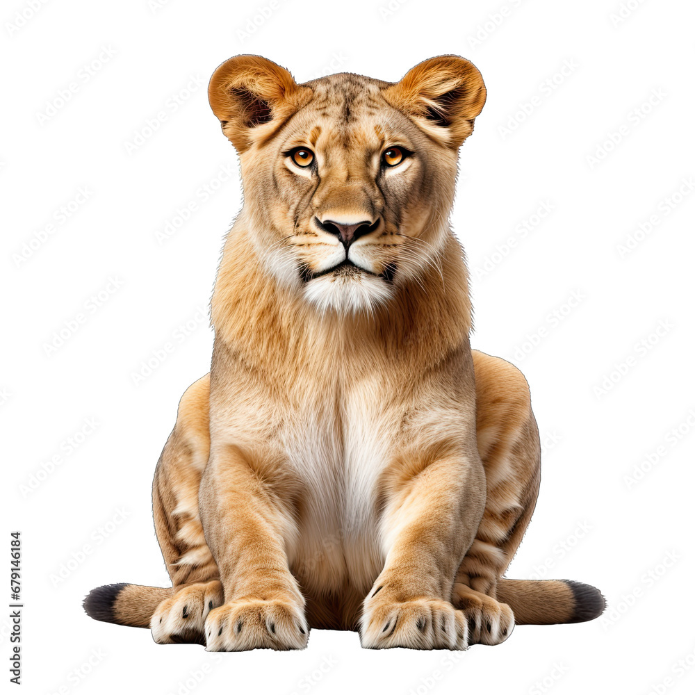 Obraz premium Sitting Lioness Isolated on Transparent or White Background, PNG