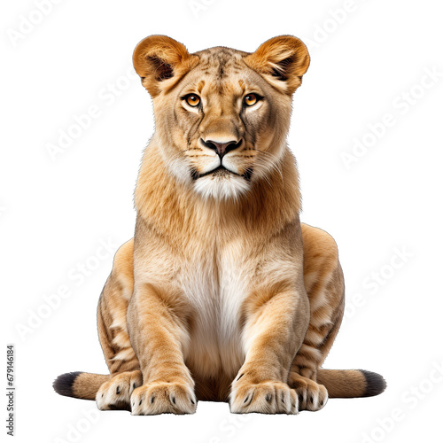 Sitting Lioness Isolated on Transparent or White Background, PNG