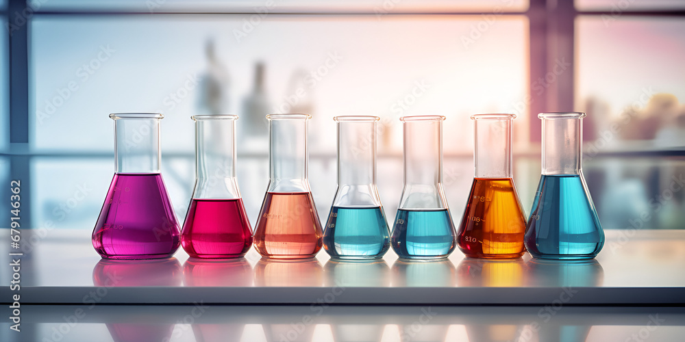 Chemical Liquid Lab, Chemical laboratory flask with blue purple-pink liquid stand on the table,  Chemistry Banner Stock, GENERATIVE AI - obrazy, fototapety, plakaty 