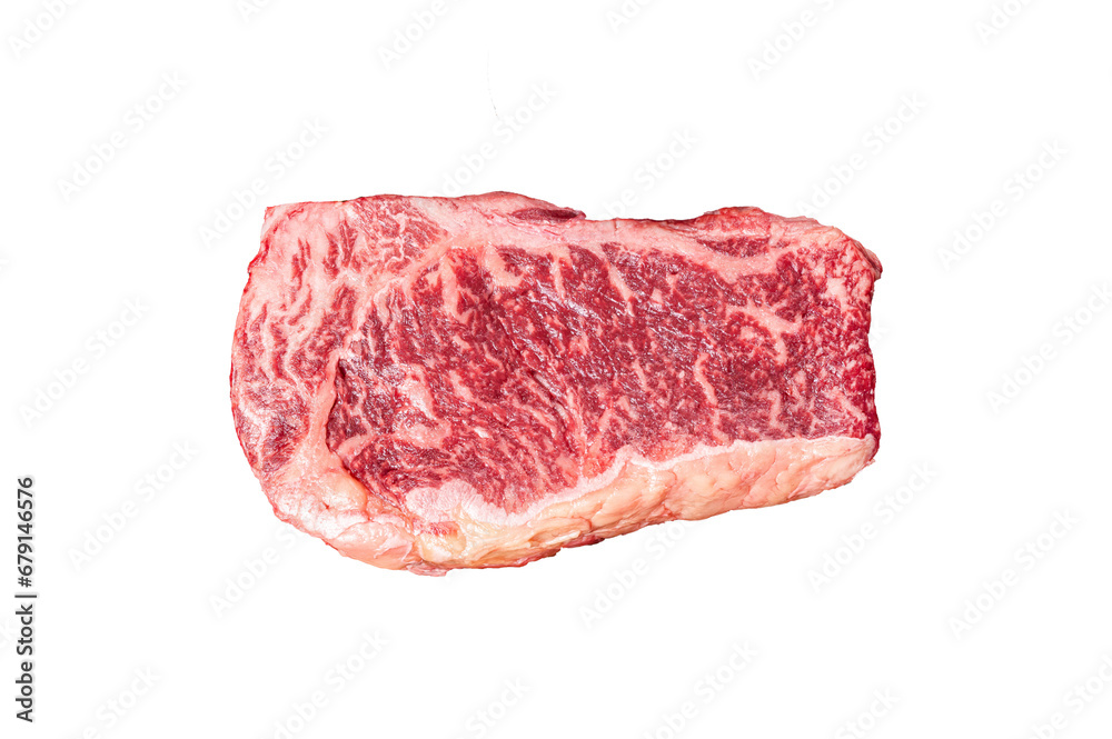 Uncooked Raw striploin or club steak on wooden board with thyme.  Transparent background. Isolated.