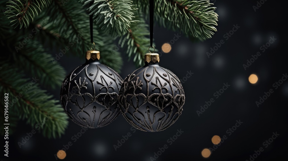 Black ornaments decorated Christmas tree background. Merry Christmas, Happy New Year concept. Beautiful festive dark glitter decorations balls and bokeh garland lights.. Black ornaments decorated Christmas tree background. Merry Christmas, Happy New Year concept. Beautiful festive dark glitter decorations balls and bokeh garland lights..