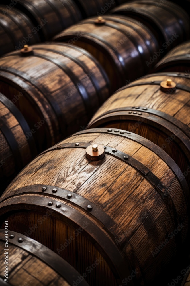 Wooden oak Port barrels in neat rows