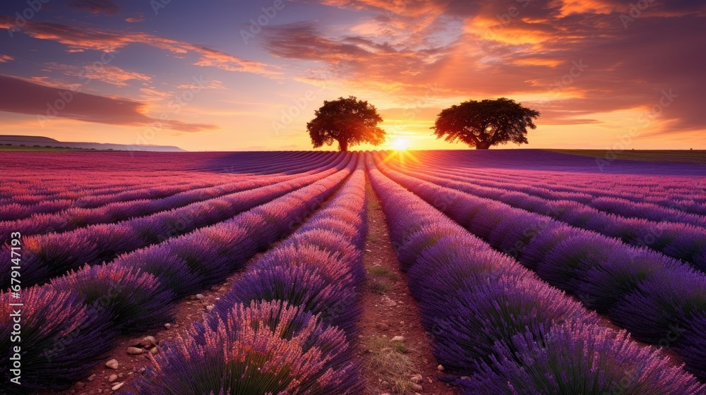 Lavender field and tree silhouette at sunset - obrazy, fototapety, plakaty 
