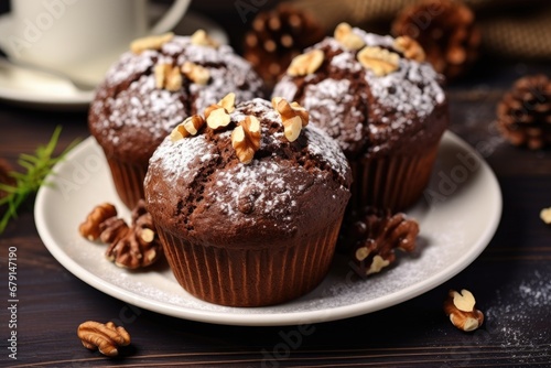 Cocoa muffins covered with chocolate and sprinkled with walnuts on a white plate