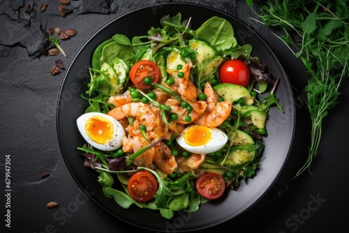 Green leafy salad with avocado  egg and shrimp on plate