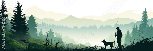 Illustration of a forest landscape and a hunter with a dog