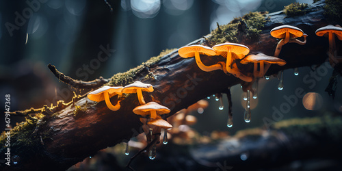 Macro Mushroom, Group of brown and cream white wild mushrooms growing on a rotten old tree stump, surrounded by smaller mushrooms and green moss stock, GENERATIVE AI photo