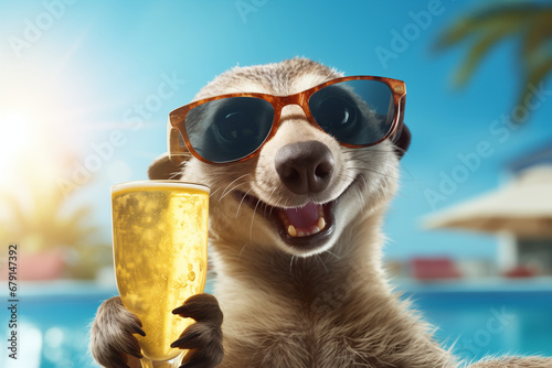 Cute and happy meerkat in sungkasses relax near swimming pool at the hotel, with coctail. Summer Vacation concept. 3D render. Poster high quality. photo