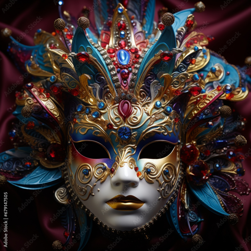 Fotografia con detalle y textura de elegante mascara de carnaval, con colores vivos, sobre fondo de color negro