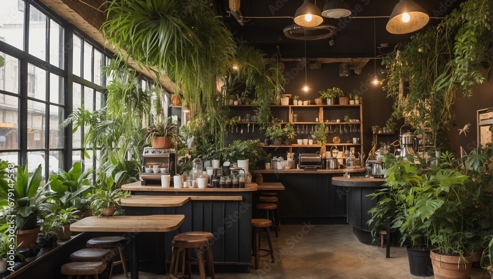 a coffee shop with lots of plants